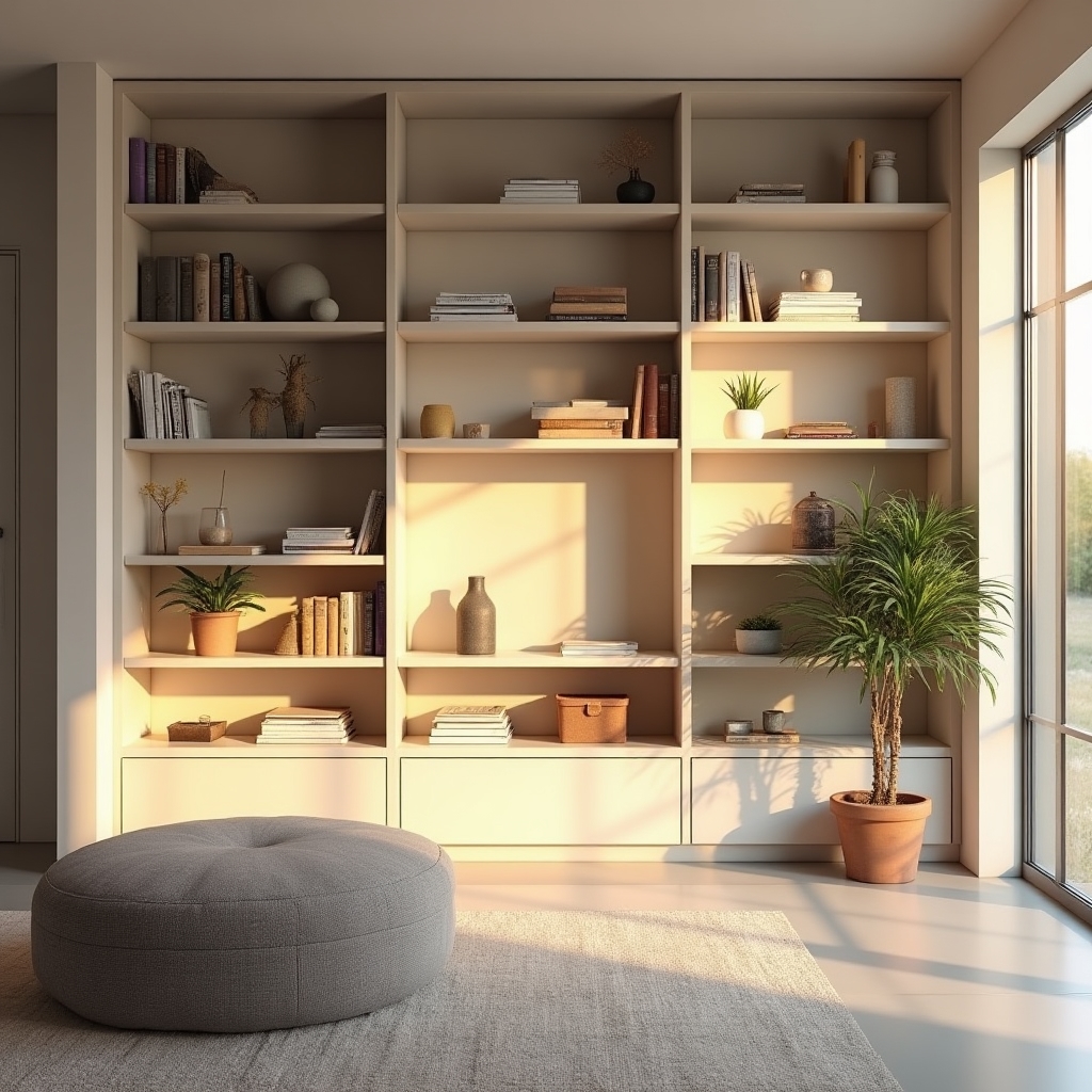 Rendezett, modern nappali szoba tárolási rendszerrel