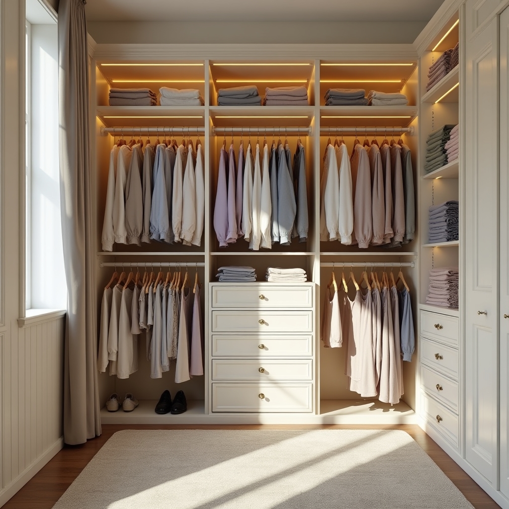 Rendezett gardrób tárolási rendszerrel
